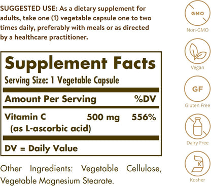 Solgar Vitamina C 500 mg, 100 Cápsulas Vegetales - Apoyo Inmunológico y Antioxidante – Image 2