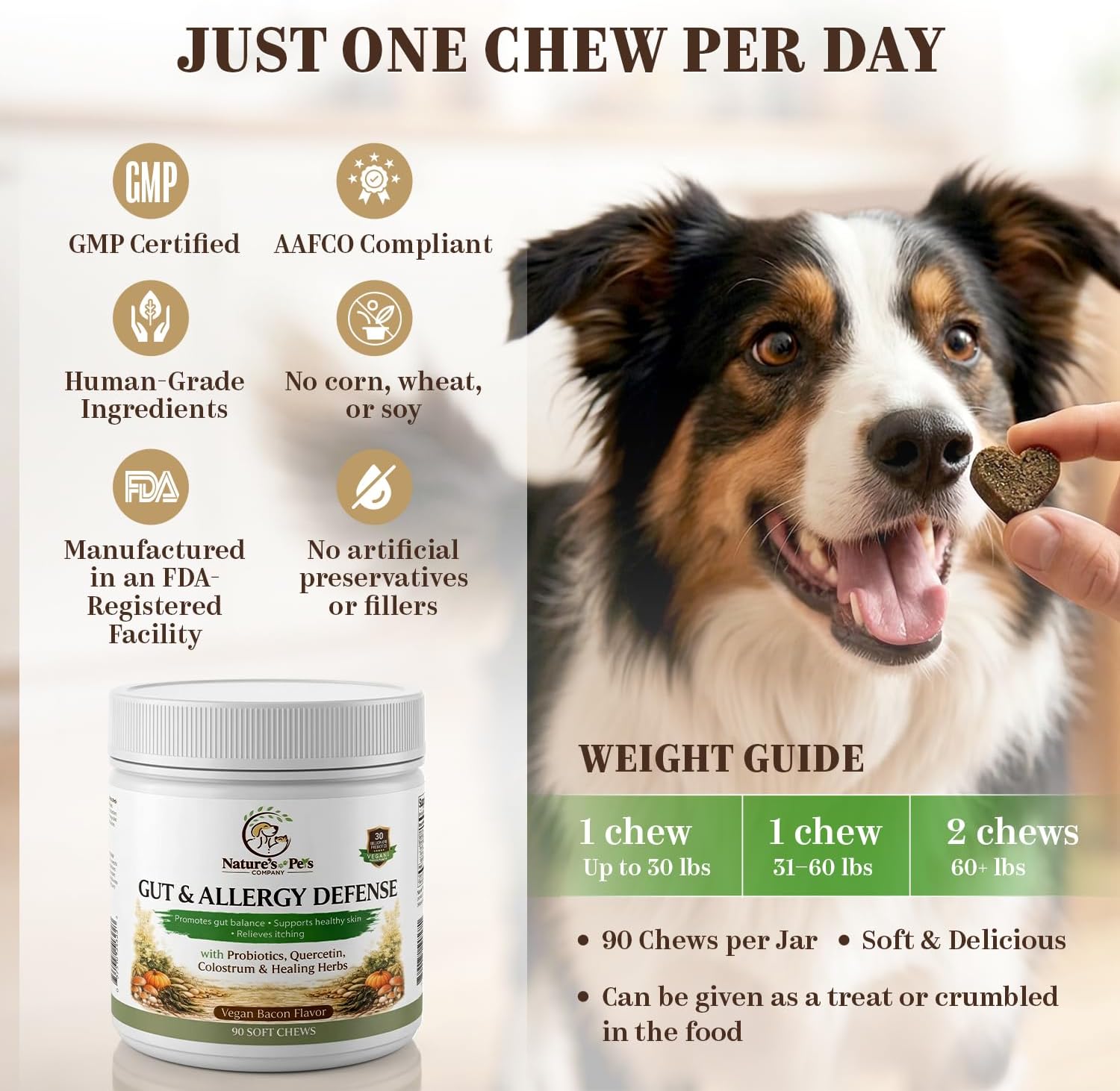 30 Billion CFU PROBIOTICS- One a Day Gut & Allergy Defense for Dogs with PREBIOTICS, QUERCETIN, Colostrum, Turmeric, Mushrooms - Itchy Skin, Allergy & Digestive Support - 90 Chews - Made in USA