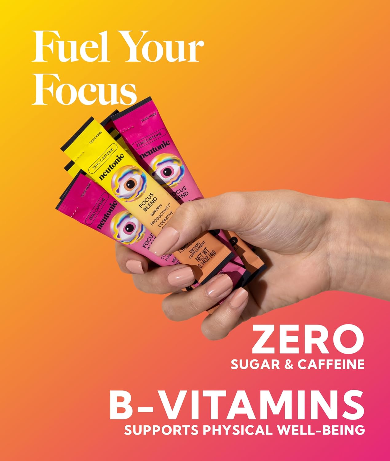 Neutonic Nootropic Focus Blend Powder - Peach Mango & Wild Berry (4 Sticks) | Sin Cafeína, Cero Azúcar