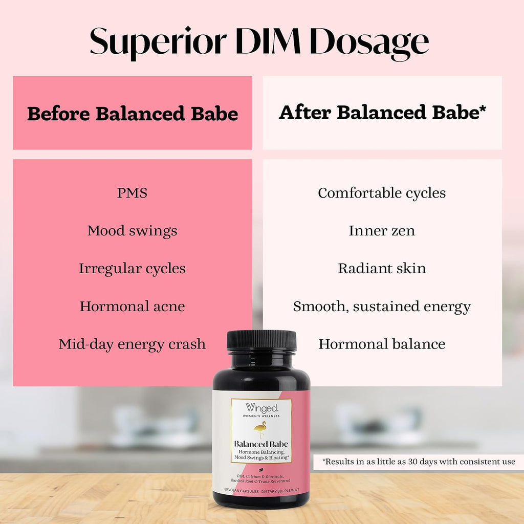 Winged Wellness Balanced Babe - Suplemento de equilibrio hormonal para mujeres con DIM y cardo mariano - 60 cápsulas