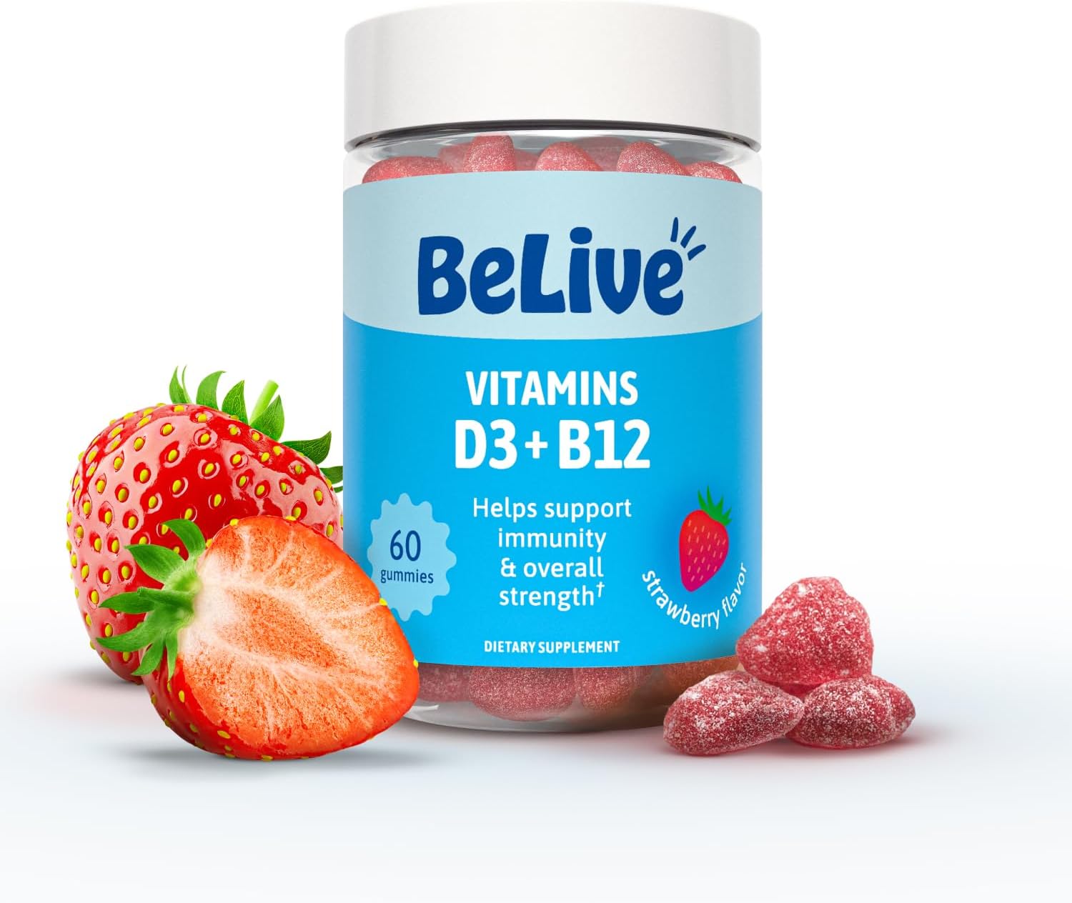 BeLive Gominolas de Vitamina D3 y B12 | 2000 IU D3 + 500 mcg B12 | Sabor Fresa | 3 Paquete (180 Gominolas)