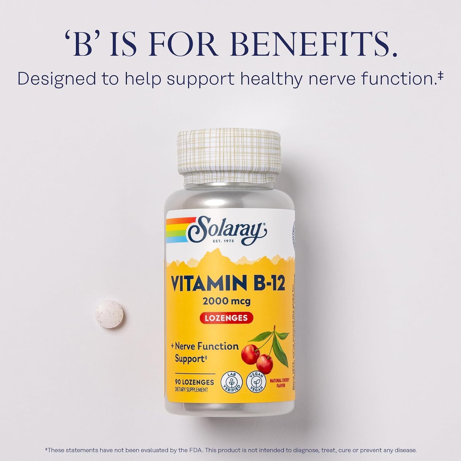 SOLARAY Vitamina B12 2000 mcg Pastillas Sabor Cereza Natural - Sin Azúcar, Vegano - 90 Pastillas
