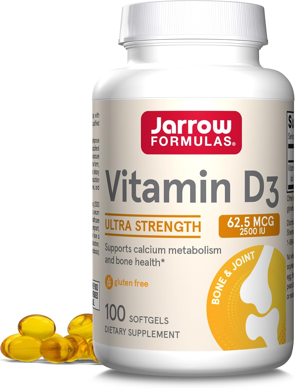 Jarrow Formulas Vitamina D3 62.5 mcg (2,500 UI) - 100 Cápsulas Blandas - Salud Ósea y Apoyo Inmunológico - Sin Gluten