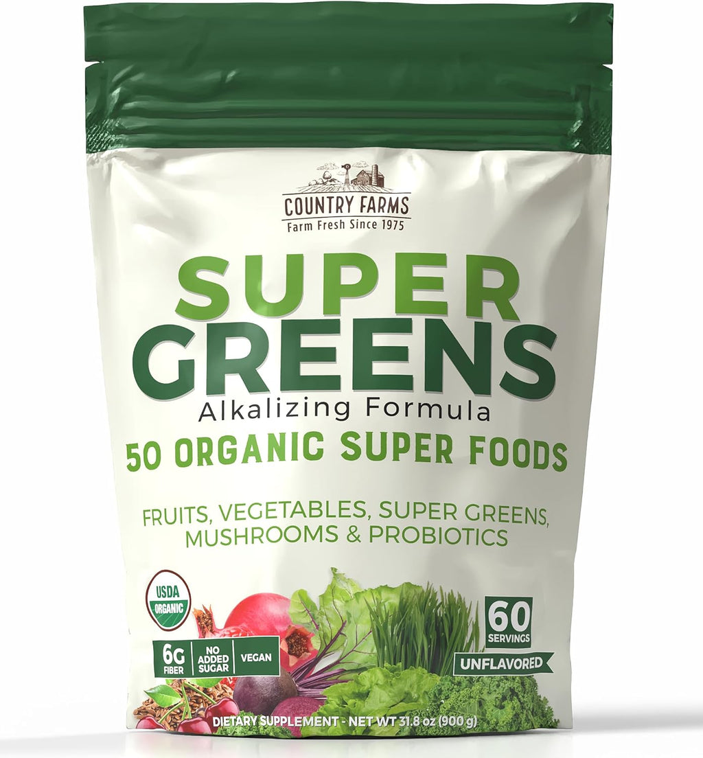 Country Farms Super Greens Sabor Natural, 50 Superalimentos Orgánicos, USDA Organic, Mezcla de Verduras, Frutas, con Fibra, Hongos y Probióticos, Apoya la Energía, 60 Porciones, 900g