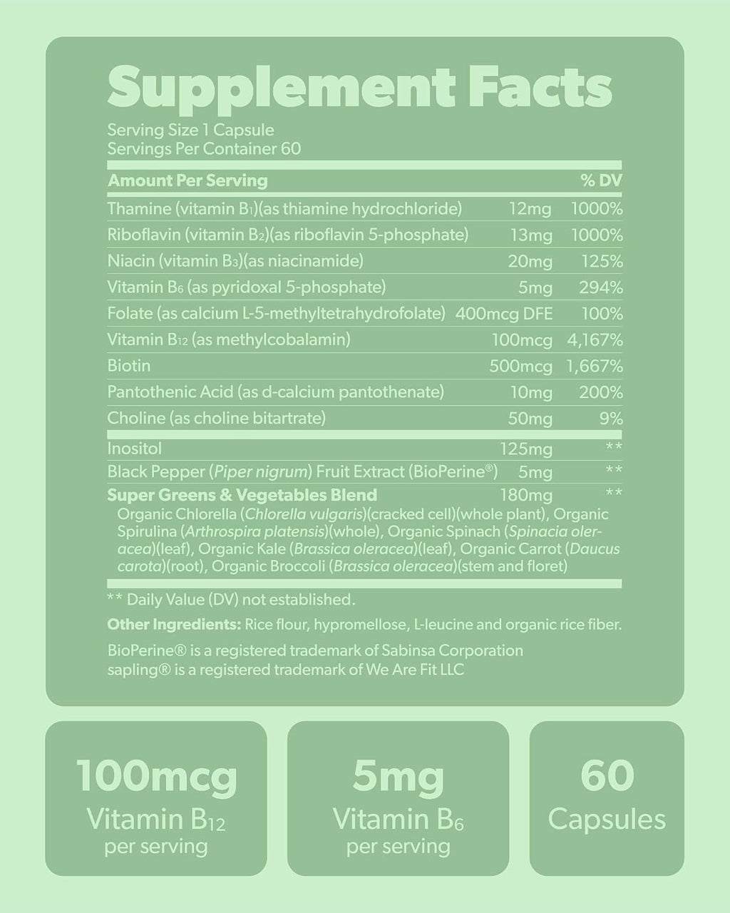 Sapling Complejo B Vegano - Mezcla de Alimentos Integrales con Vitaminas B1, B2, B3, B5, B6, B7, Folato, B12 - 60 Cápsulas