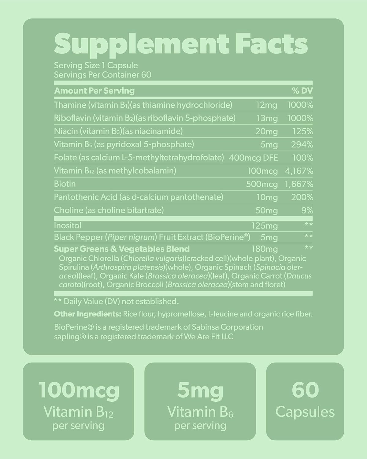 Sapling Complejo B Vegano - Mezcla de Alimentos Integrales con Vitaminas B1, B2, B3, B5, B6, B7, Folato, B12 - 60 Cápsulas