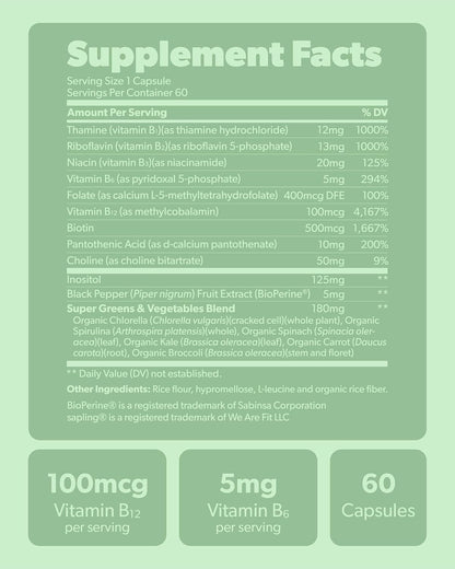 Sapling Complejo B Vegano - Mezcla de Alimentos Integrales con Vitaminas B1, B2, B3, B5, B6, B7, Folato, B12 - 60 Cápsulas – Image 6