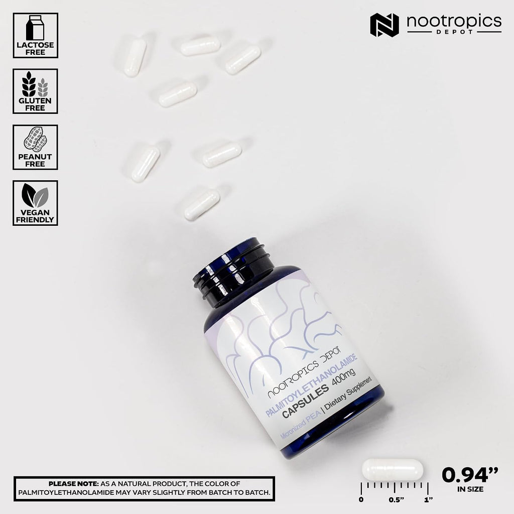 Nootropics Depot Palmitoiletanolamida (PEA) 400mg Cápsulas - Apoyo Articular, Nervioso e Inmune - 180 Cápsulas
