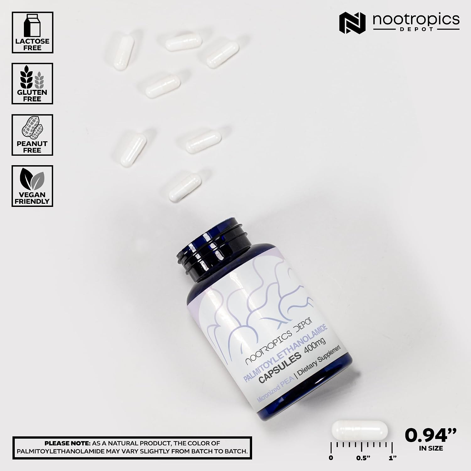 Nootropics Depot Palmitoiletanolamida (PEA) 400mg Cápsulas - Apoyo Articular, Nervioso e Inmune - 180 Cápsulas
