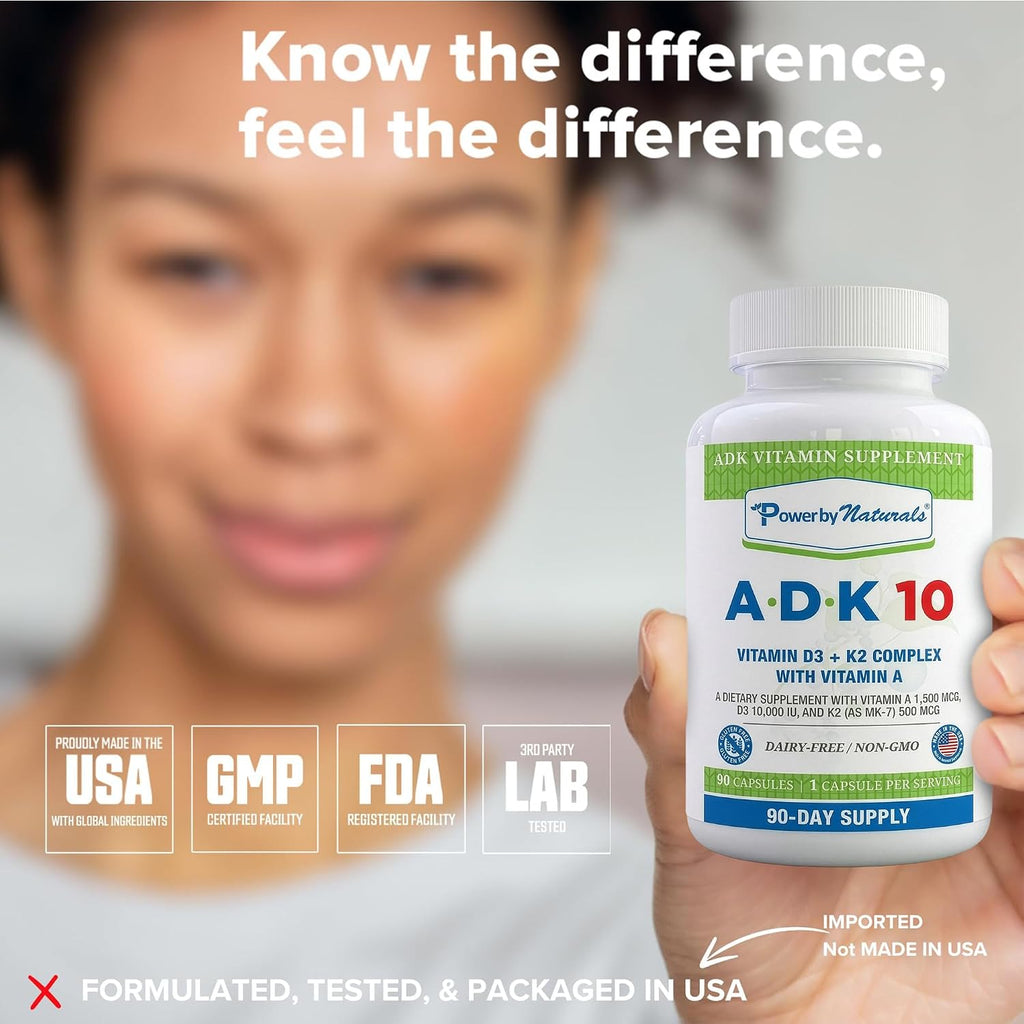 Power By Naturals ADK 10 – Vitaminas A, D3 y K2 MK-7 – 90 Cápsulas