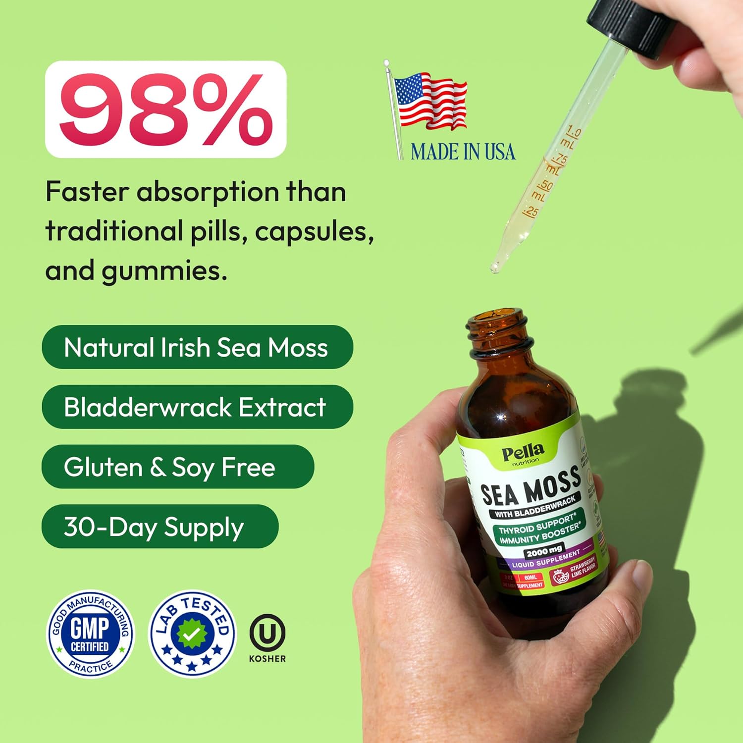 Pella Nutrition Sea Moss Drops con Bladderwrack – Gotas de Musgo Marino Irlandés de Absorción Rápida (Sabor Fresa y Lima, 60 ml)
