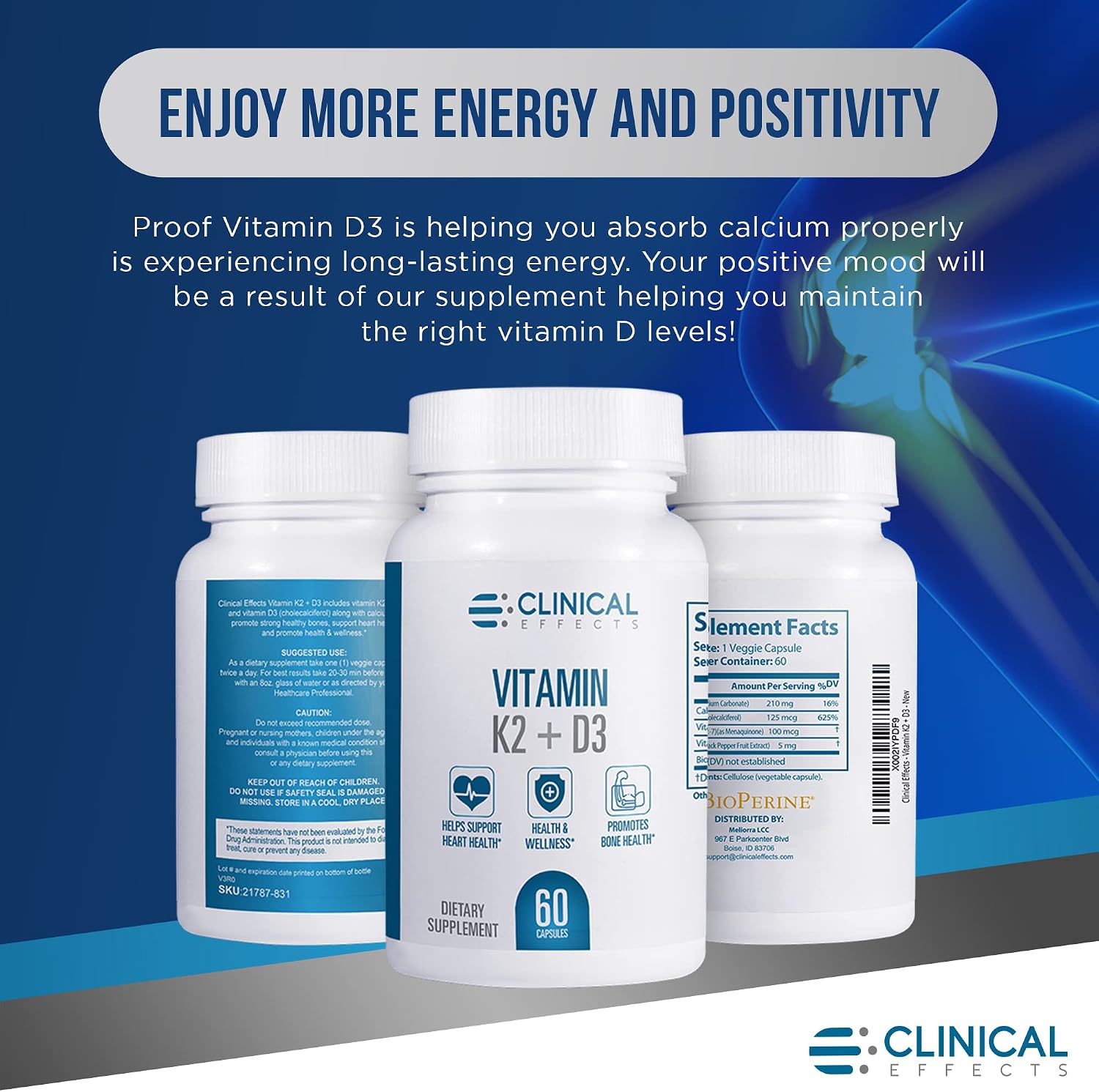 Clinical Effects Vitamina K2 + D3 con Bioperine y Calcio - Pack de 3