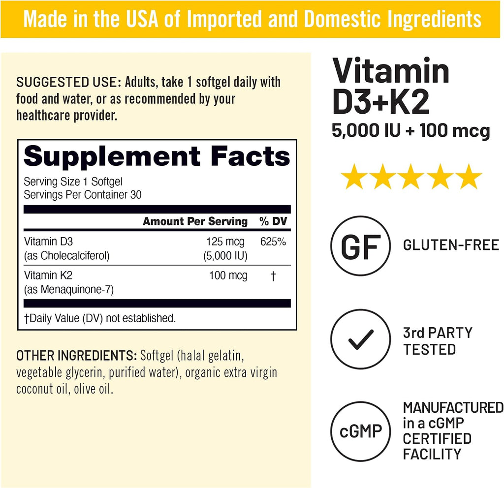 NatureWise Vitamina D3 5000UI + K2 (MK7) 100mcg con Aceite de Coco Virgen Extra Orgánico - 30 Cápsulas Blandas