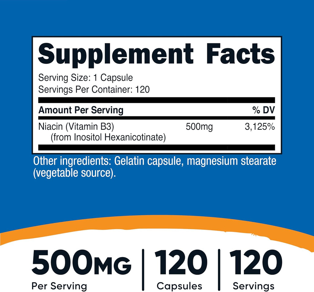 Nutricost Niacina Sin Enrojecimiento (Inositol Hexanicotinato) 500mg, 120 Cápsulas - Vitamina B3