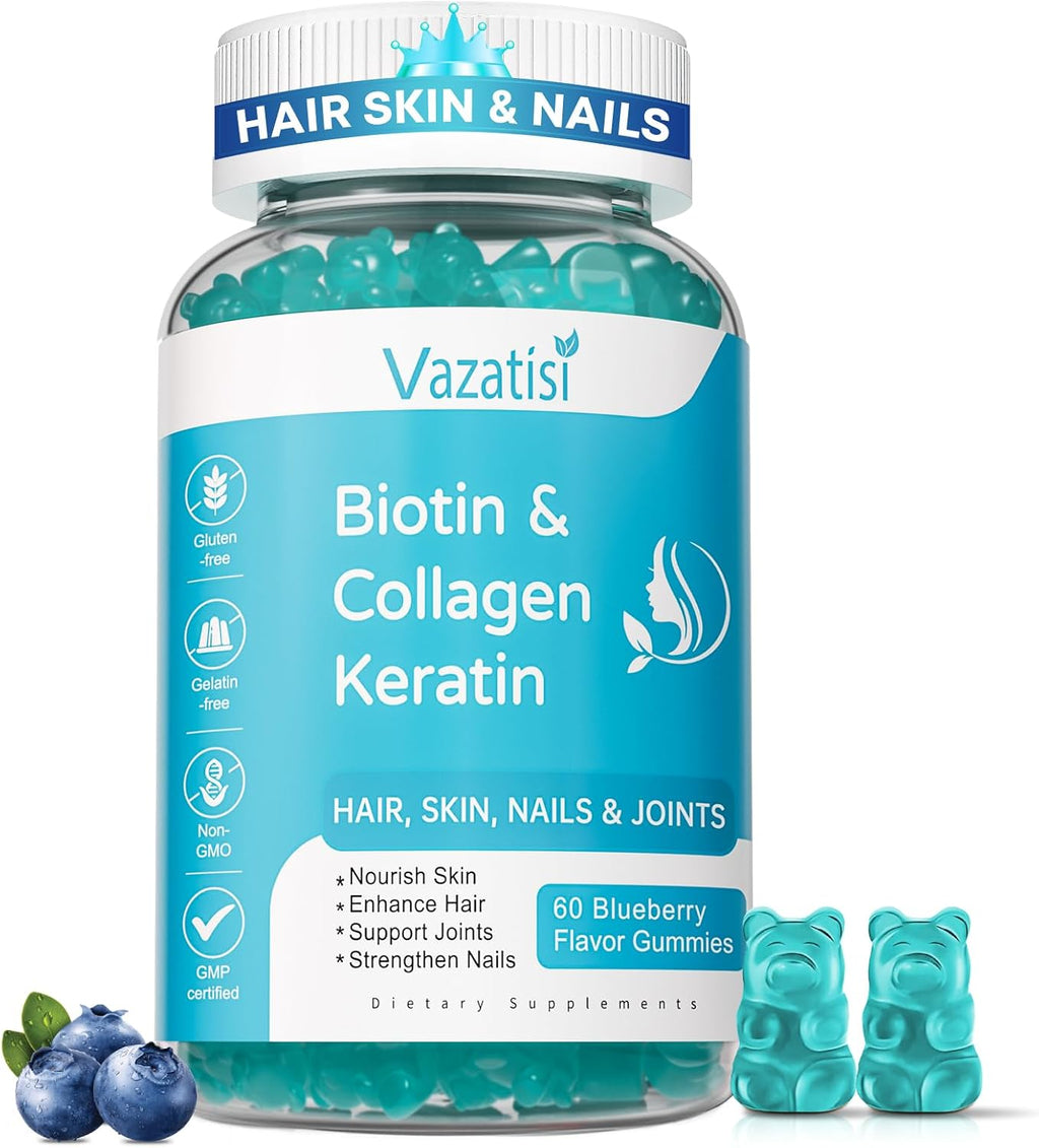 Vazatisi Gominolas de Biotina con Colágeno y Queratina para Cabello, Piel y Uñas - 60 unidades Sabor Arándano Azul