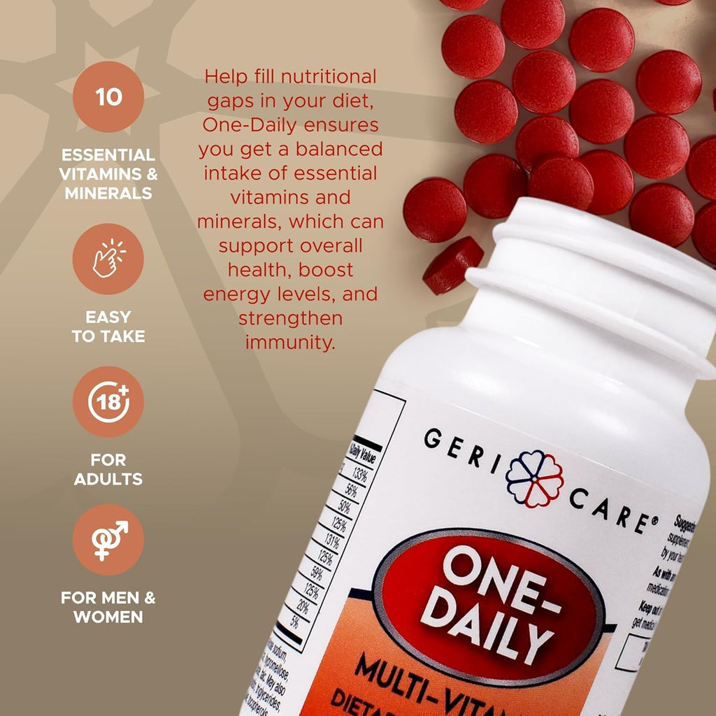 GeriCare One-Daily Multi-Vitamina Tableta, 100 unidades Suplemento multivitamínico para adultos | Suplemento dietético fácil de tomar con vitaminas A, C, D3, B, calcio | Complejo de vitaminas y minerales (paquete de 2)