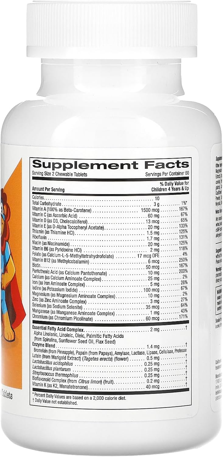 California Gold Nutrition Multivitamínico Masticable con Probióticos y Enzimas para Niños, Surtido de Frutas, 120 Comprimidos Vegetarianos