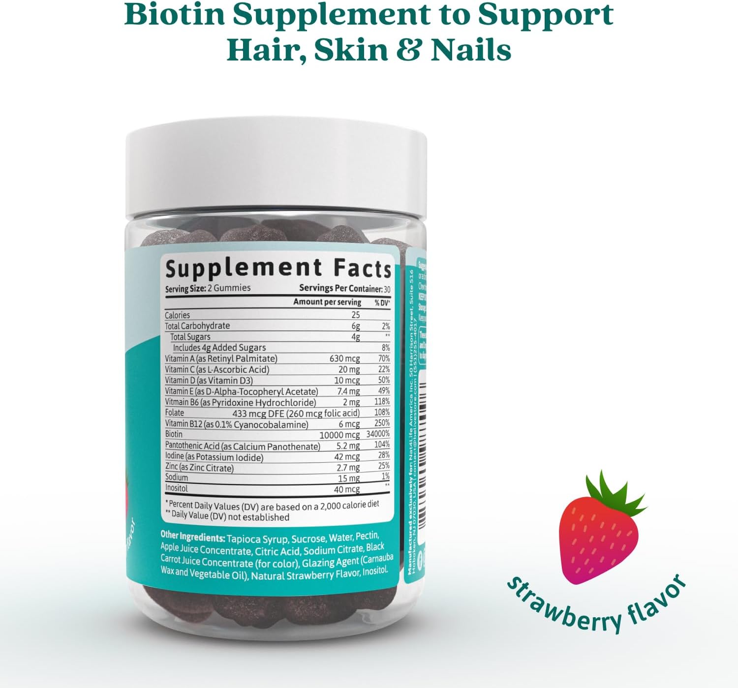BeLive Biotin Gummies con Multivitaminas, Folato, Inositol – Vegano, con Pectina – Sabor Fresa