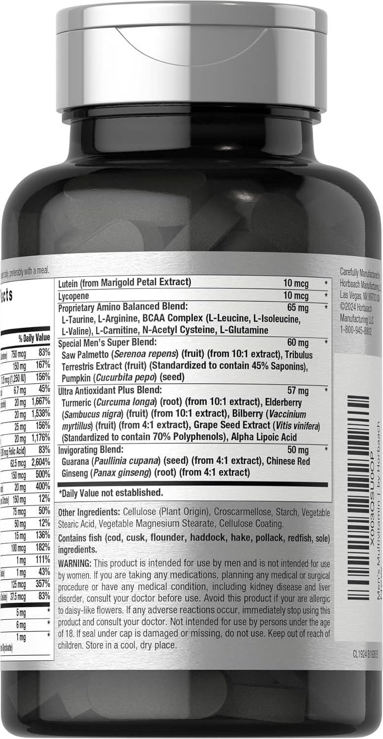 Horbäach Multivitamínico para Hombres | 60 Comprimidos | Fórmula Avanzada con Vitamina C, D, Magnesio, Minerales y Más | Suplemento Sin Gluten y No-GMO