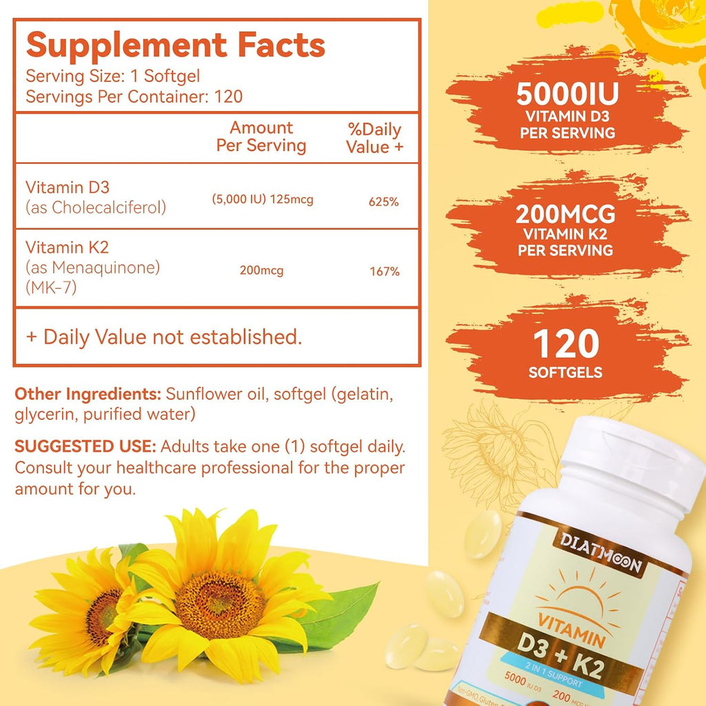 DIATMOON Vitamina D3 K2 5000 UI + 200 mcg MK-7, 120 Cápsulas Blandas