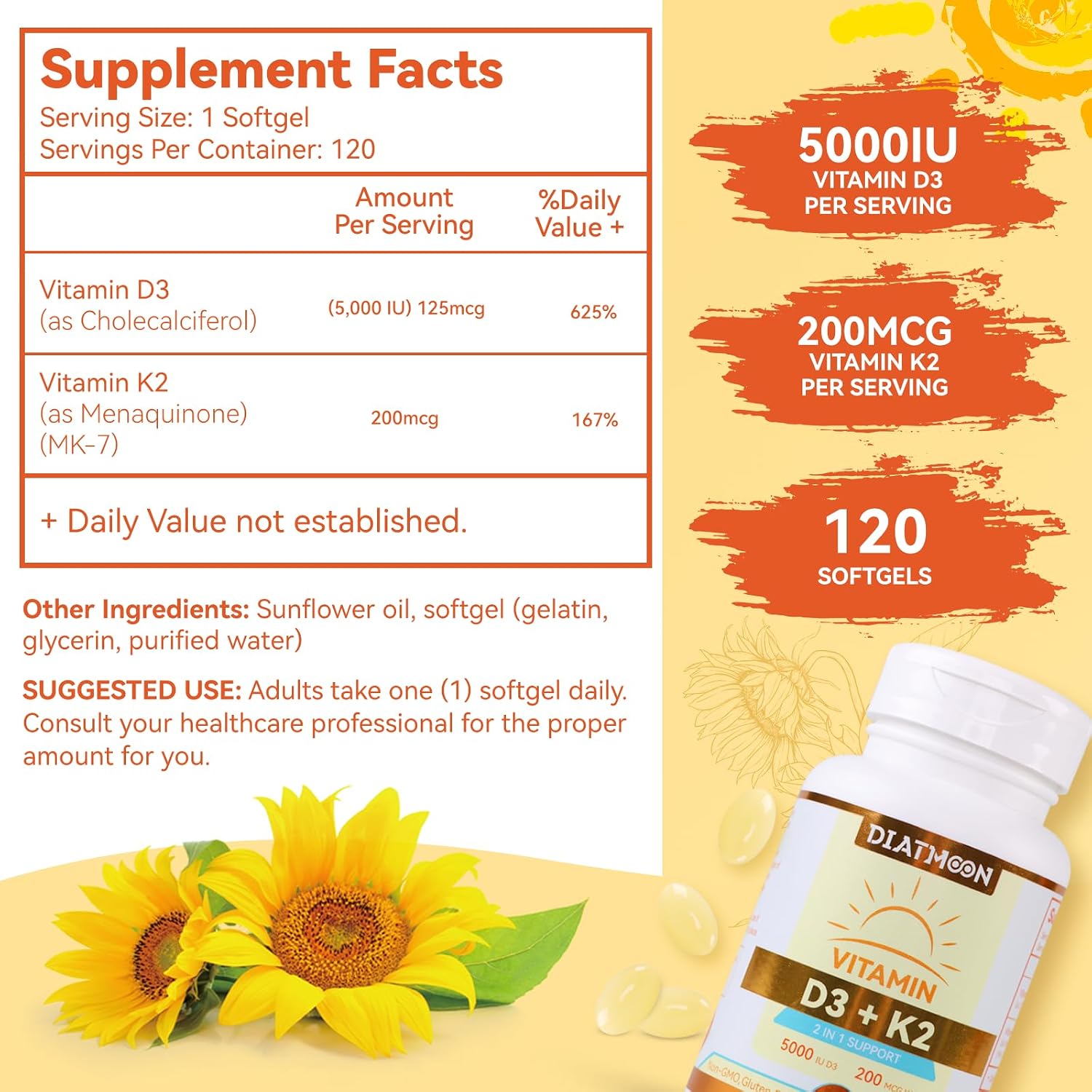 DIATMOON Vitamina D3 K2 5000 UI + 200 mcg MK-7, 120 Cápsulas Blandas