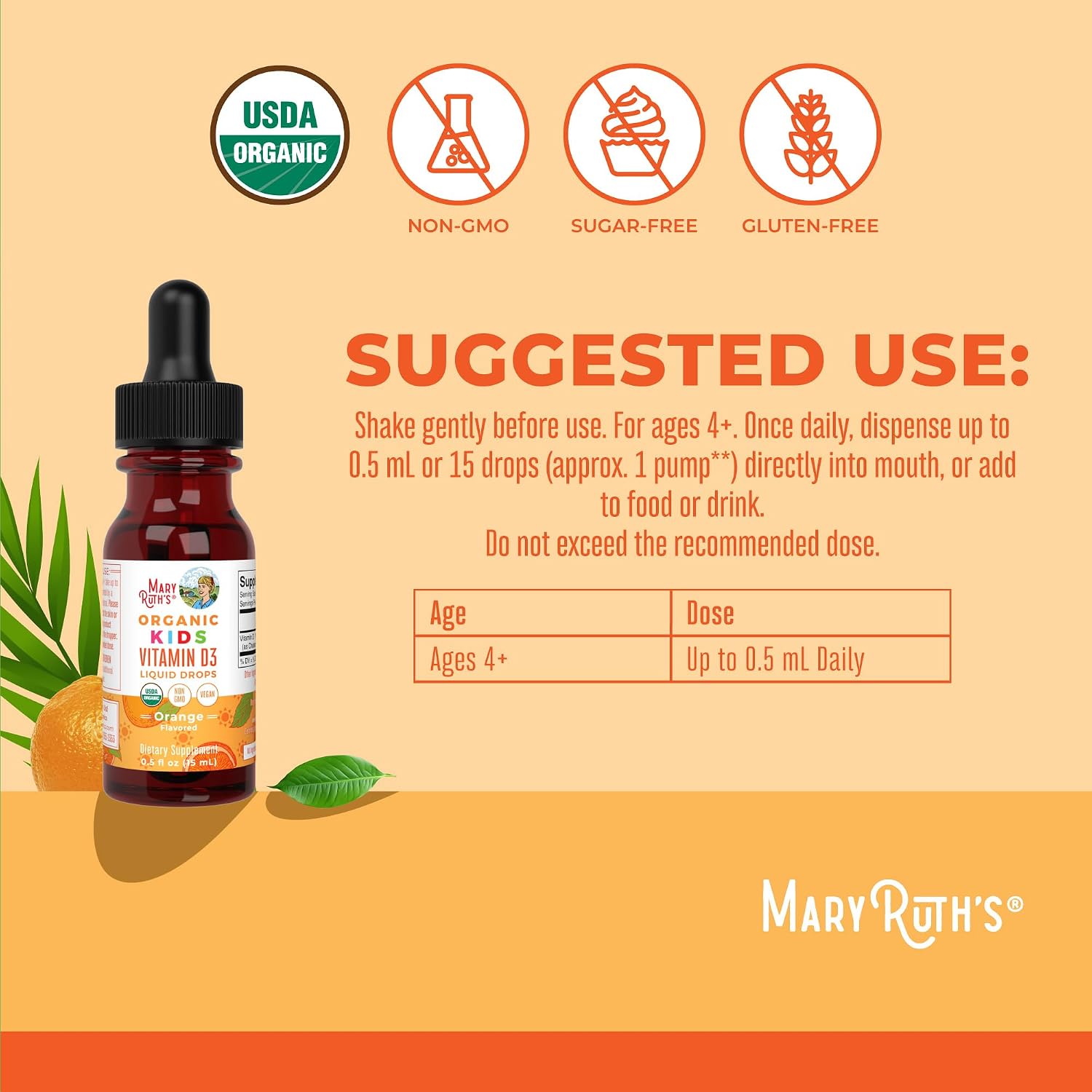 MaryRuth's Gotas Orgánicas de Vitamina D3 para Niños – 640 UI por Dosis – Sabor Naranja – 30 Dosis