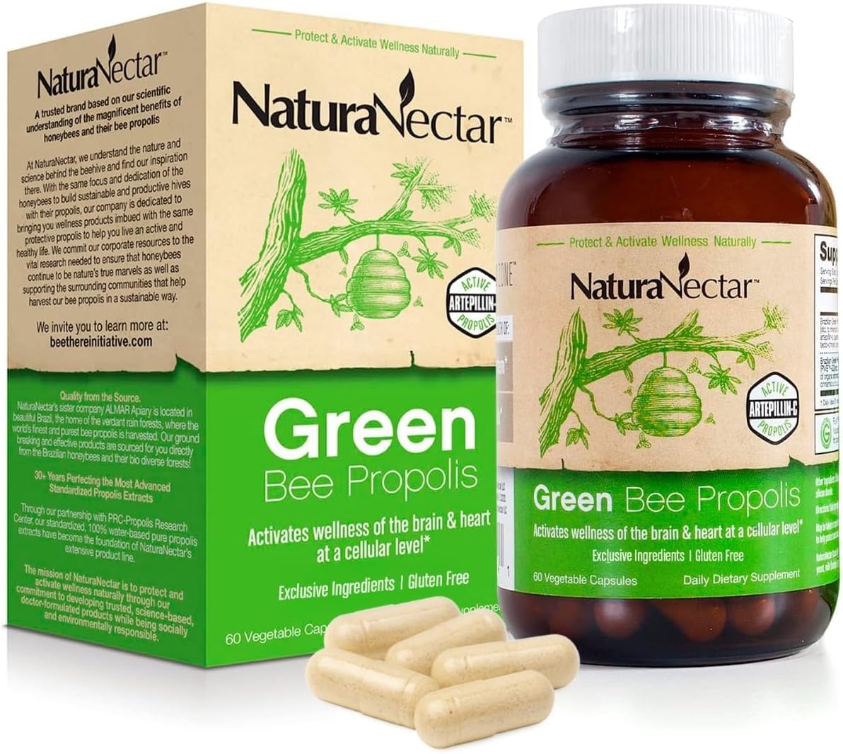 NaturaNectar - Green Bee Propolis Capsules - NSF Certified Brazilian Green Propolis - Gluten Free - 60 Capsules