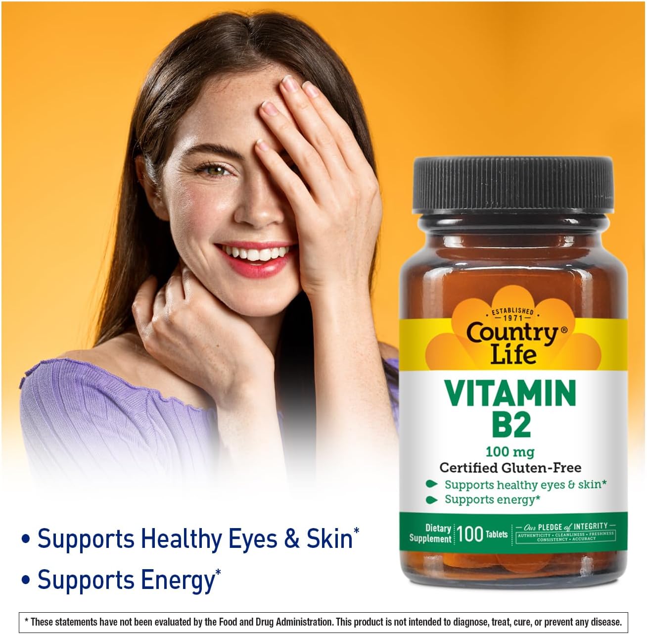 Country Life Vitamina B2 100mg Riboflavina - Suplemento Alimenticio, 100 Comprimidos