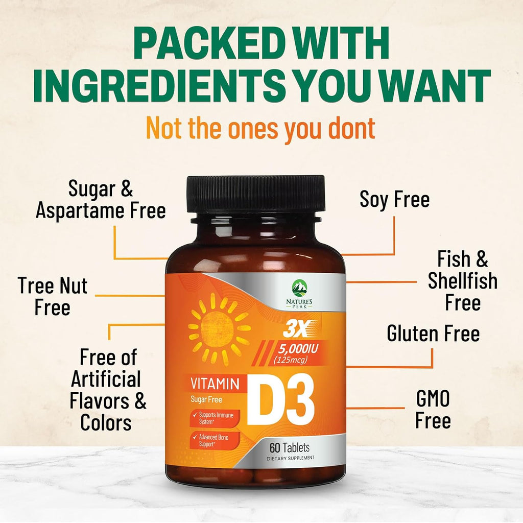 Vitamina D3 5000 IU (125 mcg) por Dosis - Triple Concentración - Apoyo Inmunológico - Vegano, Sin Gluten - Sabor Frambuesa - 60 Comprimidos Masticables
