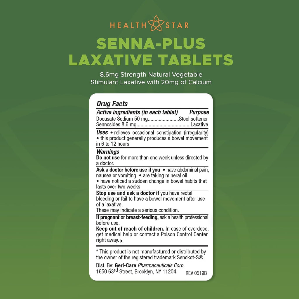 Health Star Senna Plus Laxante y Ablandador de Heces, 1000 Comprimidos