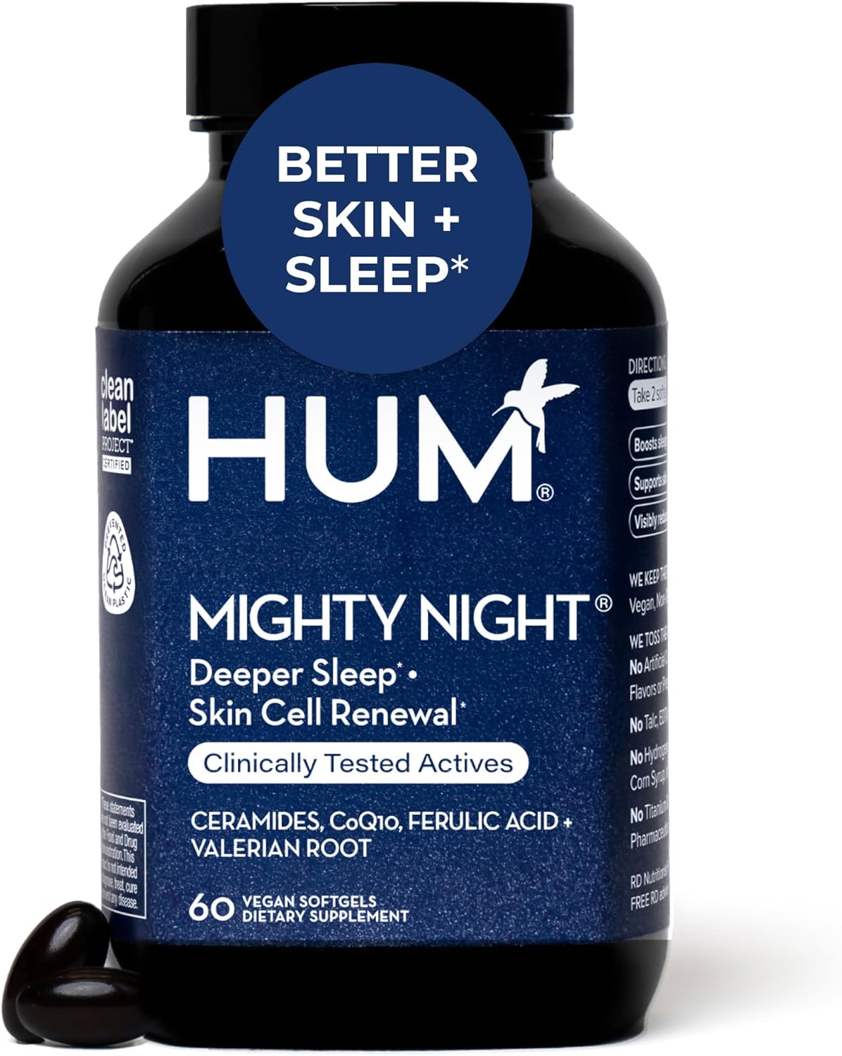 HUM Mighty Night - Suplemento Nocturno para el Sueño y el Cuidado de la Piel, 60 Cápsulas Veganas