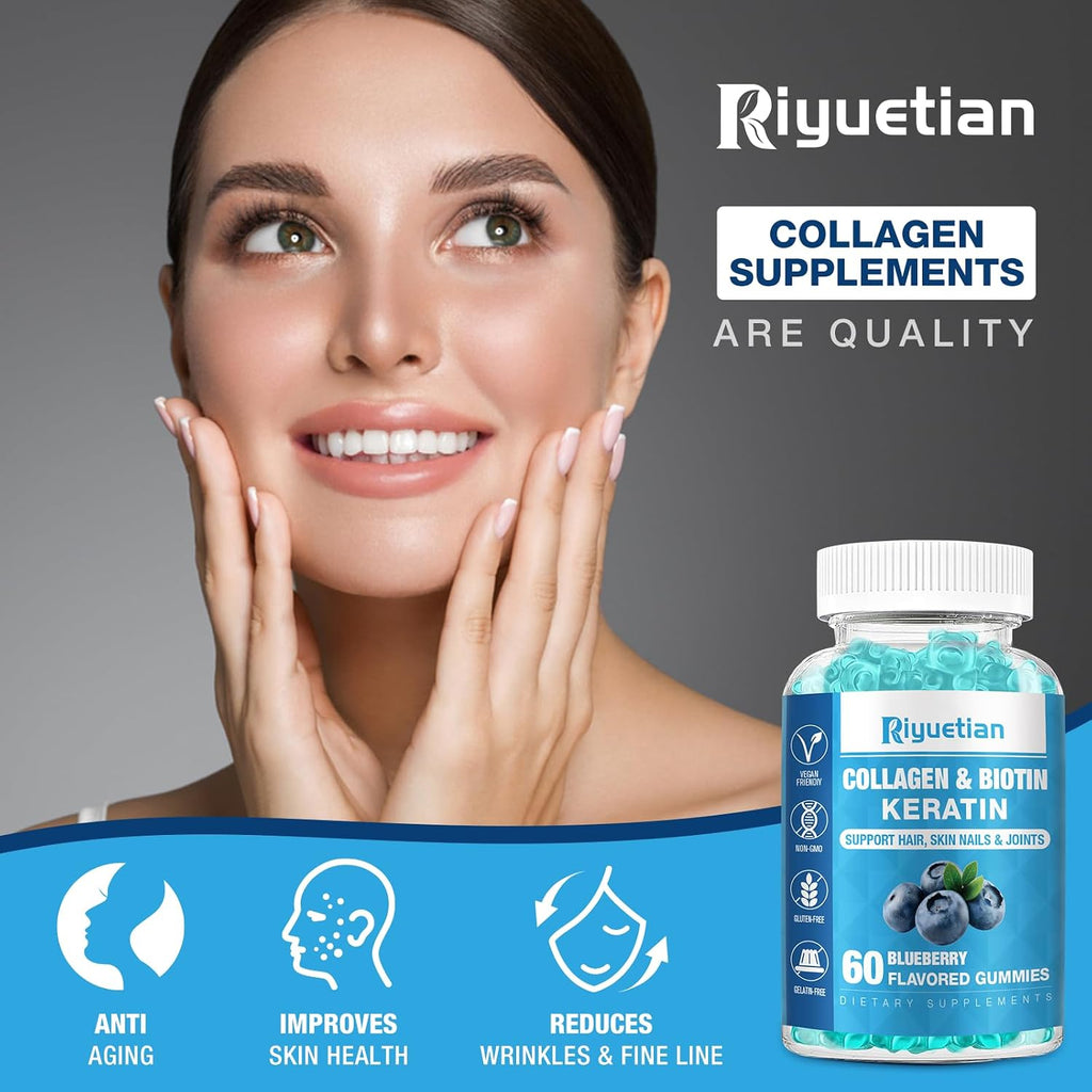 Riyuetian Biotin Gummies 15000mcg con Colágeno - Gomitas para Cabello, Piel y Uñas - Vegano, Sin OGM - 60 unidades