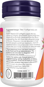 NOW Foods, Vitamina D-3 2000 IU, Alta Potencia, 30 Cápsulas Blandas