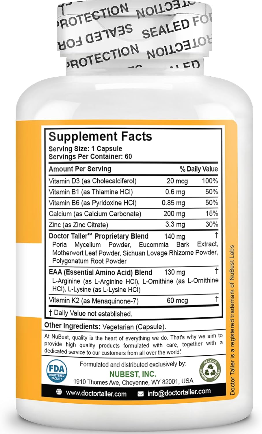 NuBest Doctor Taller - Bone Strength Support & Immune System - Calcium, Vitamin D3, K2, Amino Acids & Herbs for Children 8+ - 60 Cápsulas Veganas