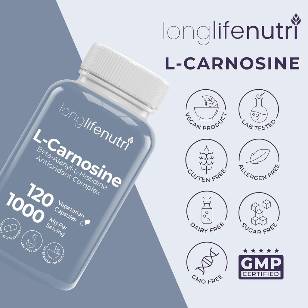LongLifeNutri L-Carnosina 1000mg - Beta-Alanil-L-Histidina para Energía Celular y Claridad Mental, 120 Cápsulas Vegetarianas (2 Meses)