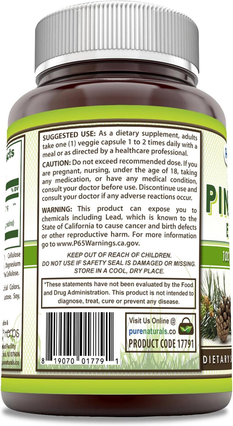 Pure Naturals Extracto de Corteza de Pino | 100 mg por Cápsula | 60 Cápsulas Vegetales | No Transgénico | Sin Gluten