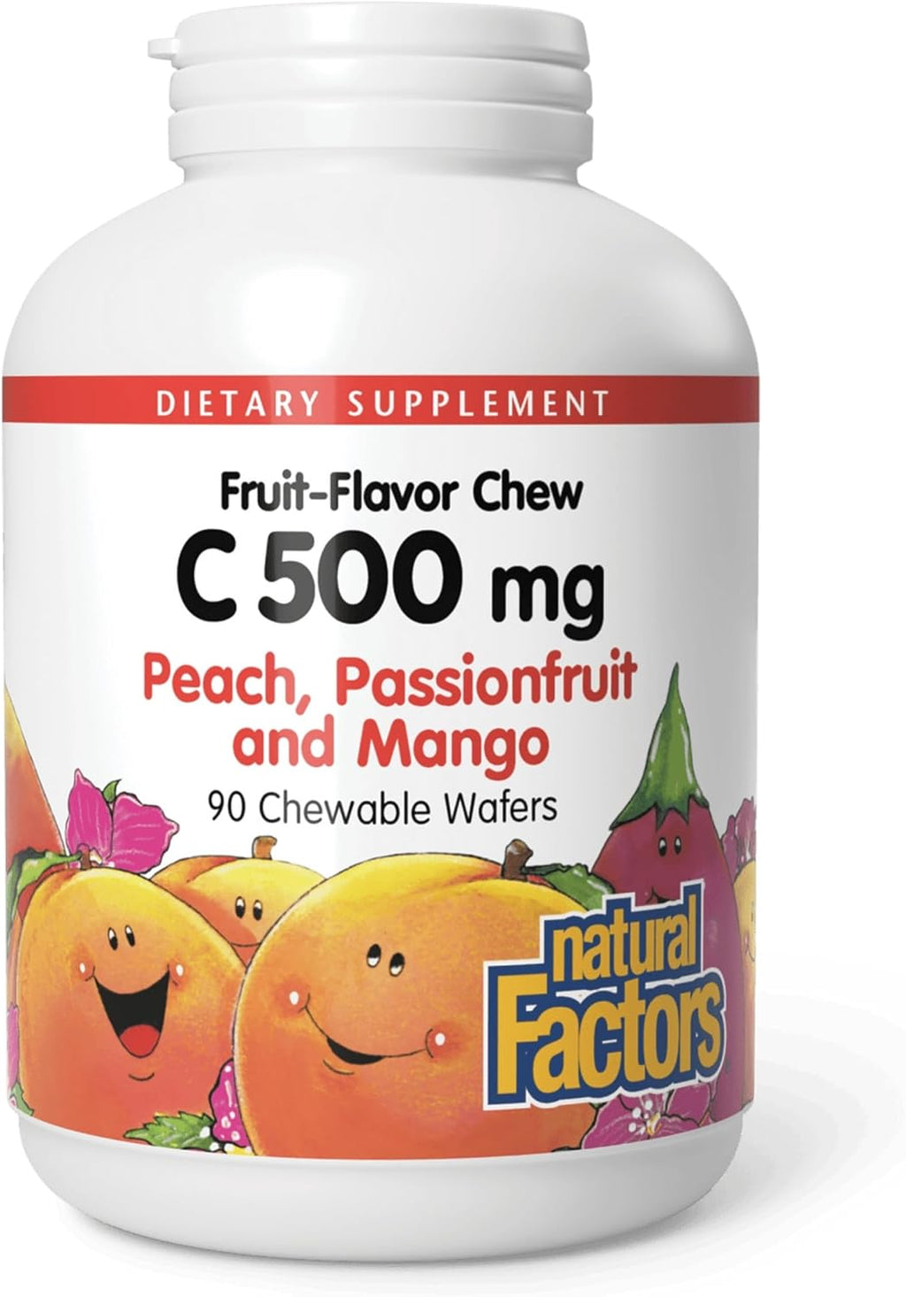 Natural Factors, Vitamina C Masticable para Niños 500 mg, con Bioflavonoides, Sabor Melocotón, Maracuyá y Mango, 90 Comprimidos
