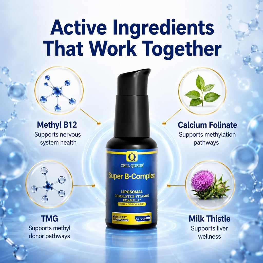 Cellqueue Complejo B Metilado Liposomal - Fórmula Activa de Vitaminas B con Metil B12, Folato, TMG y Cardo Mariano, Apoya la Energía, el Estado de Ánimo, la Cognición, el Sistema Nervioso y la Función Hepática, 50 ml