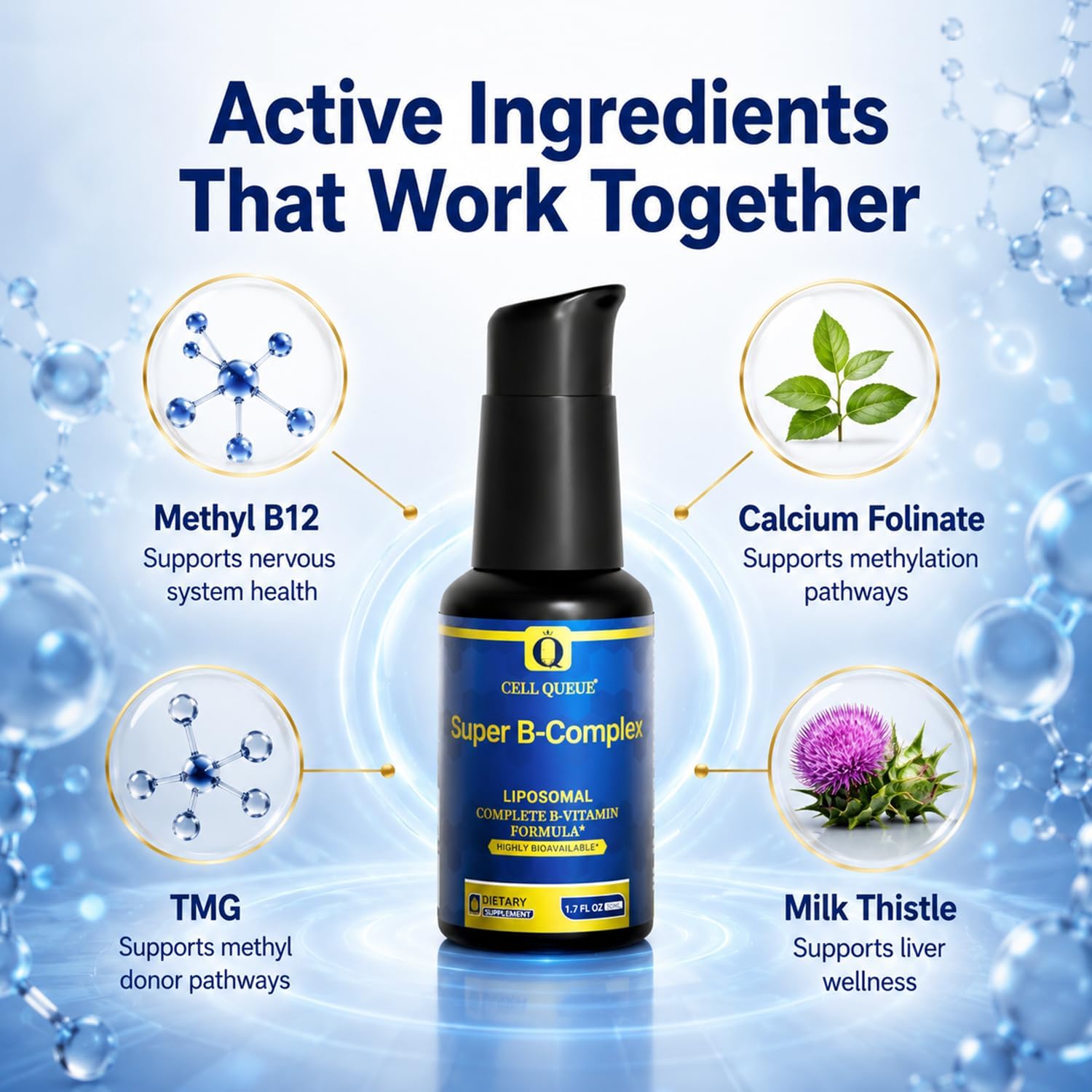 Cellqueue Complejo B Metilado Liposomal - Fórmula Activa de Vitaminas B con Metil B12, Folato, TMG y Cardo Mariano, Apoya la Energía, el Estado de Ánimo, la Cognición, el Sistema Nervioso y la Función Hepática, 50 ml
