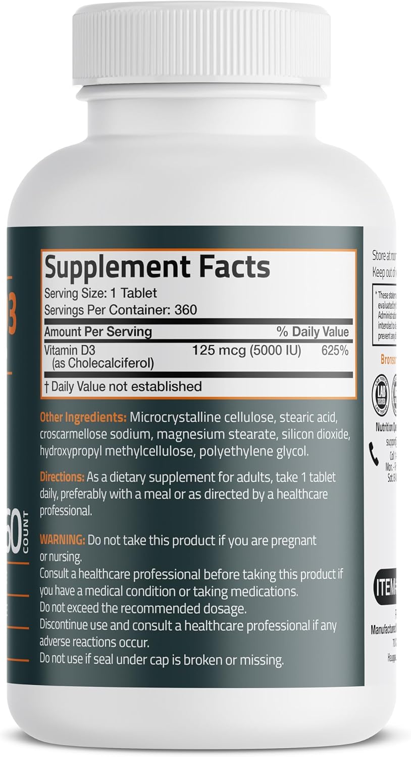Bronson Vitamina D3 5000 UI (125 mcg) - 360 Comprimidos - No Transgénico, Sin Gluten, Sin Soja