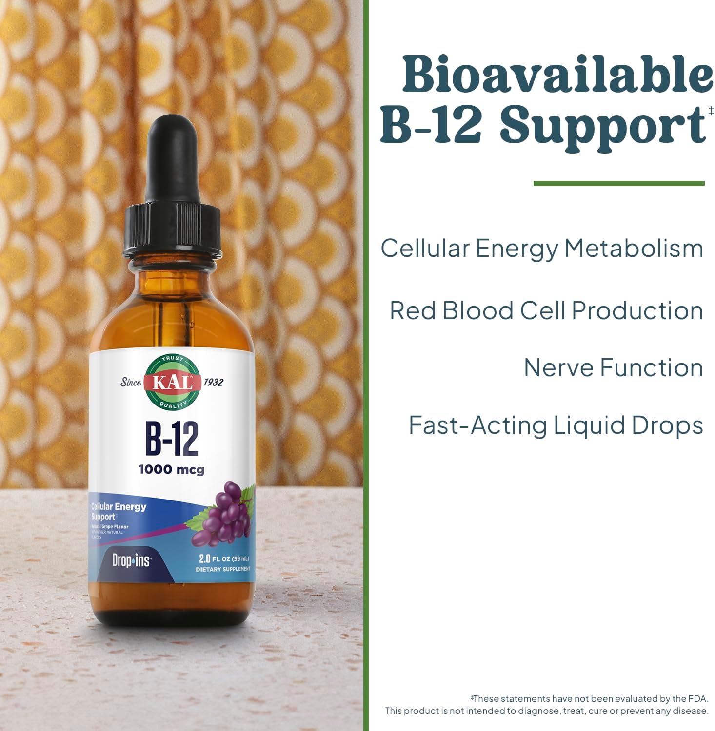 KAL B12 1000 mcg DropIns, Líquido de Vitamina B12 de Alta Absorción, Sabor Natural a Uva, 196 Dosis, 60 ml