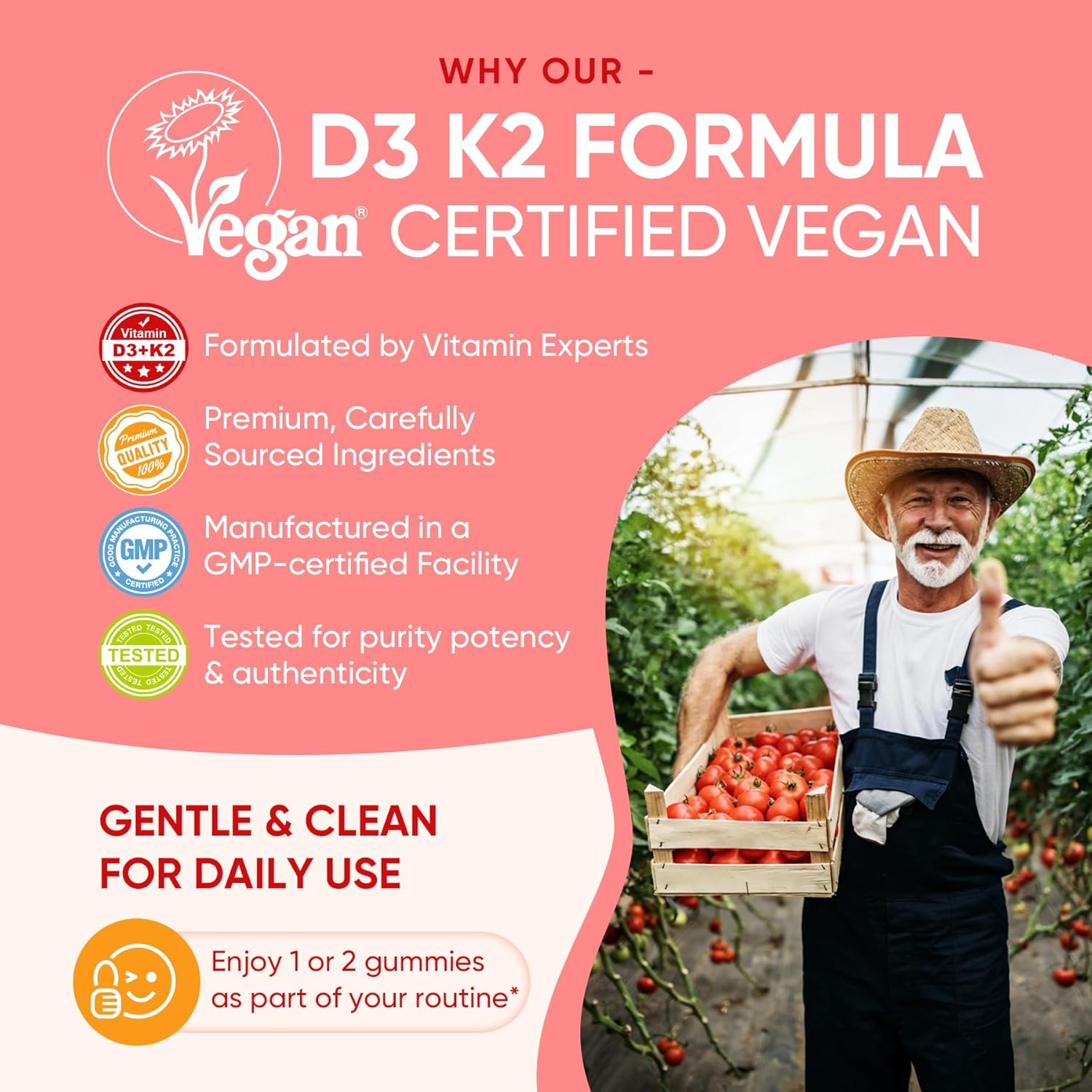 Vitamin D3 K2 Gummies con Calcio, Magnesio, Vitamina C y Zinc - 60 Gominolas Veganas