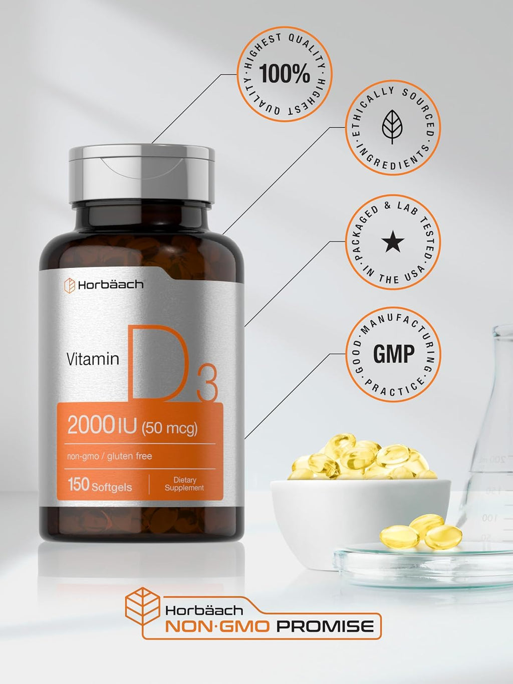 Horbaach Vitamina D3 2000 UI Cápsulas Blandas | 150 Unidades | 50 mcg Colecalciferol | No Transgénico y Sin Gluten