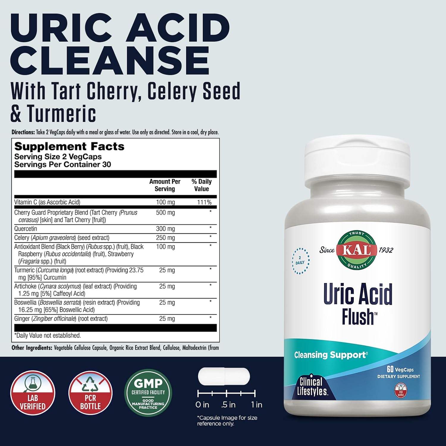KAL Uric Acid Flush | Mezcla de arándano, apio y más para la comodidad articular | 60 cápsulas vegetales