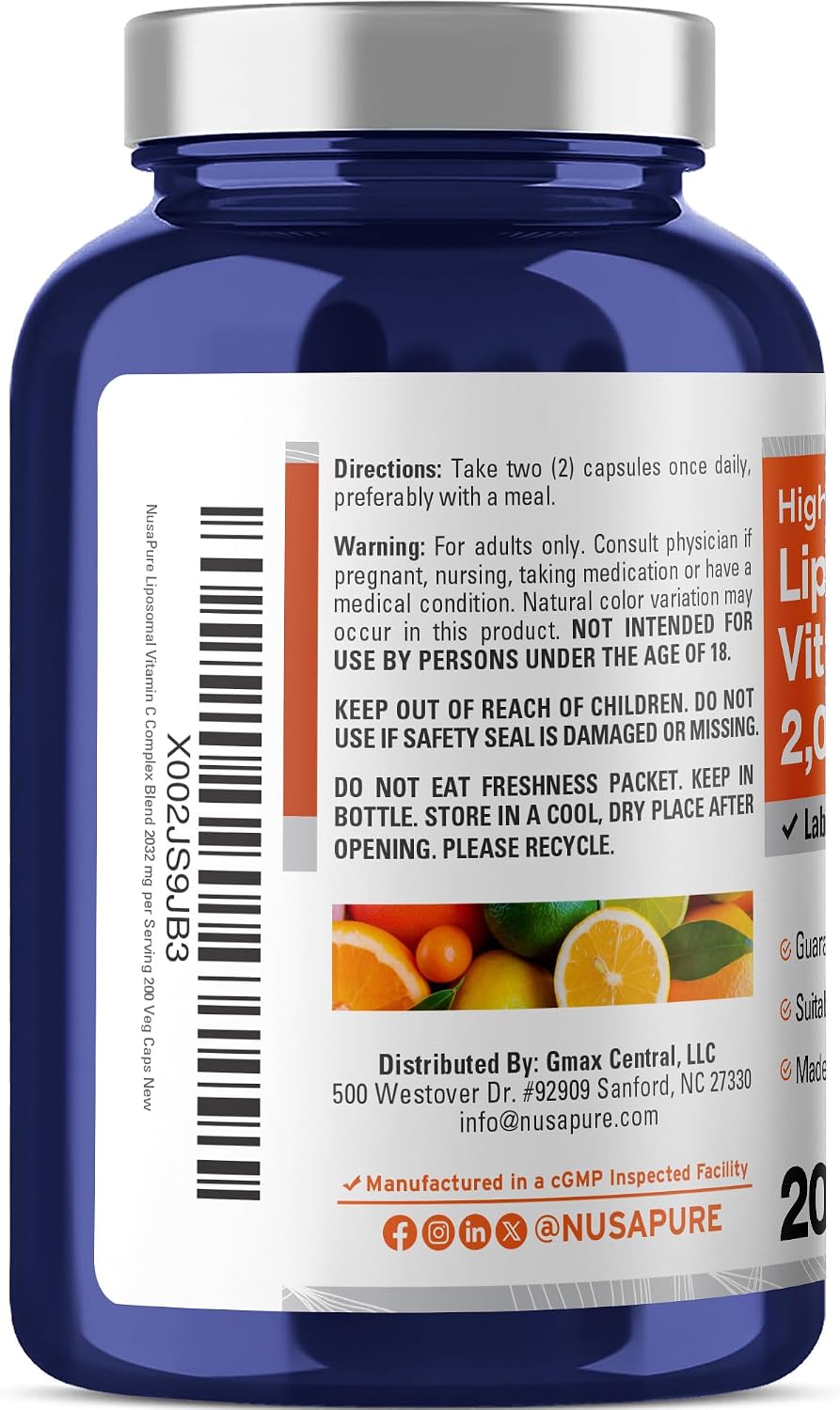 NusaPure Vitamina C Liposomal 2032mg con BioPerine - 200 Cápsulas Vegetales Veganas