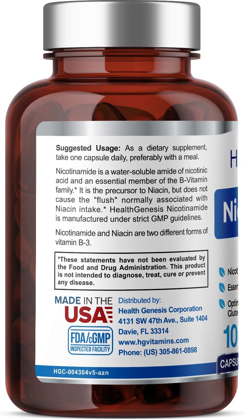 Health Genesis B-3 Nicotinamida 500 mg, 100 Cápsulas - Sin Rubor