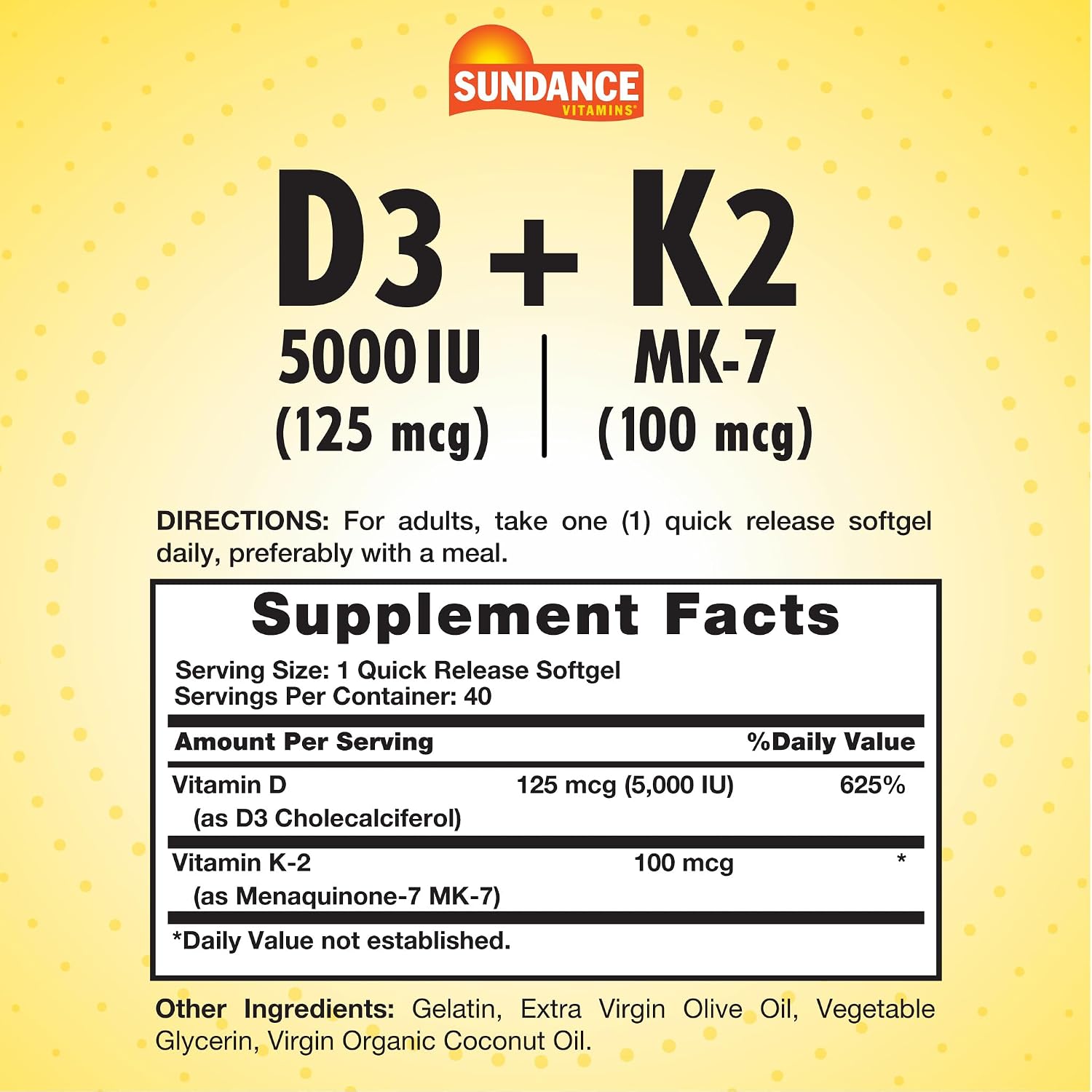 Sundance Vitamina D3 K2 | 40 Cápsulas Blandas de Liberación Rápida | 5000 UI