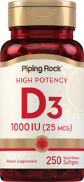 Piping Rock Vitamina D3 1000 UI (25 mcg) | 250 Cápsulas Blandas | Suplemento No-GMO, Sin Gluten