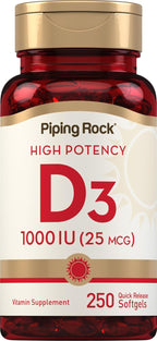 Piping Rock Vitamina D3 1000 UI (25 mcg) | 250 Cápsulas Blandas | Suplemento No-GMO, Sin Gluten