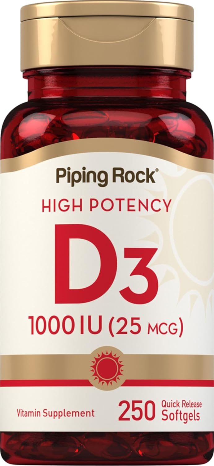 Piping Rock Vitamina D3 1000 UI (25 mcg) | 250 Cápsulas Blandas | Suplemento No-GMO, Sin Gluten